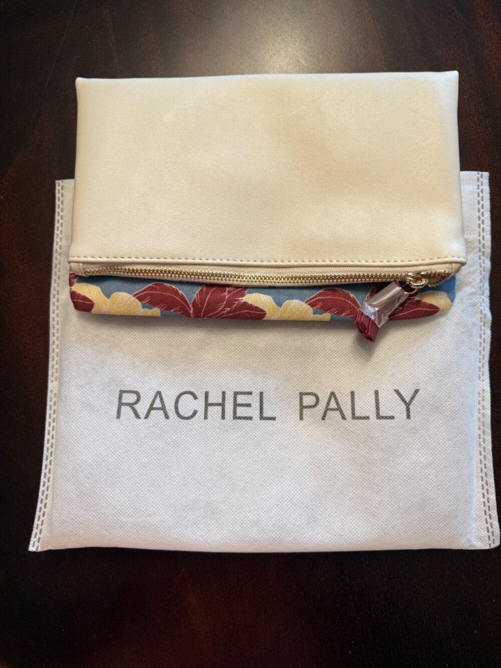 Rachel Pally Floral Foldover Clutch - Cream Blue Yellow - Tassel Zip -Dust Bag